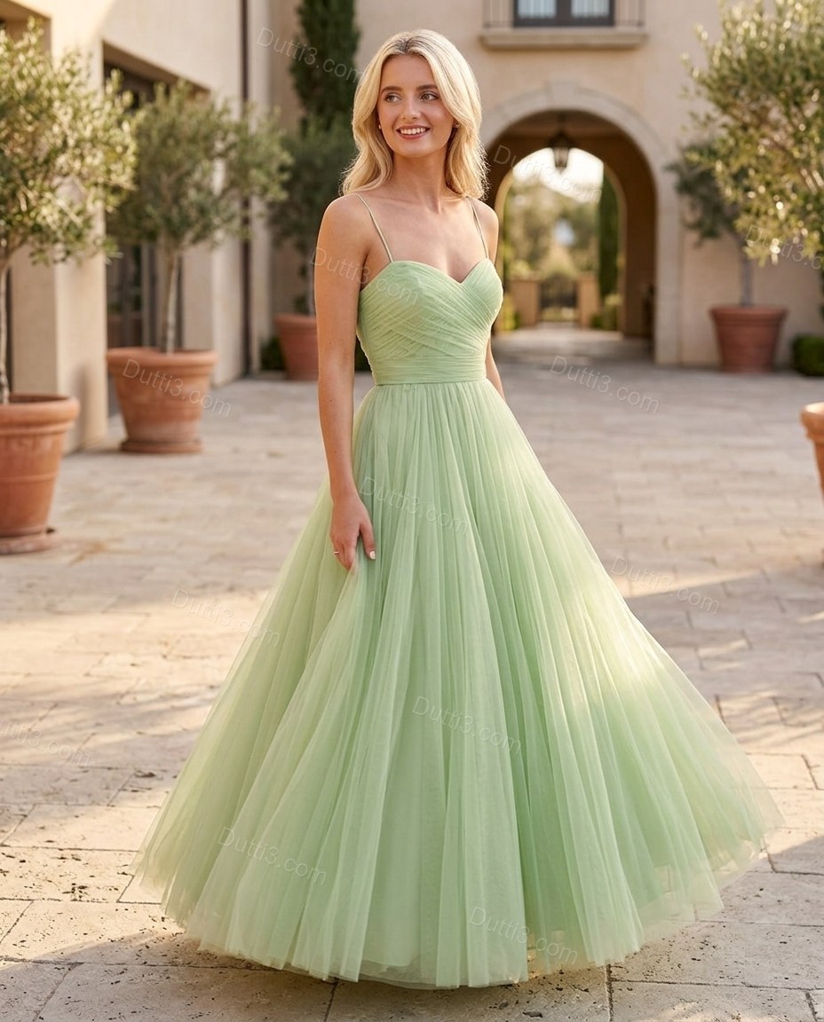 Light Green Midi Strapless Dress, three-quarter brand lifestyle view, by Dutti3