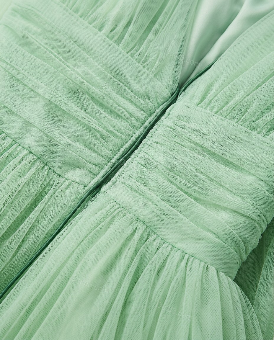 Light Green Midi Strapless Dress, close-up of gathered bodice, layered skirt and spaghetti straps, by Dutti3