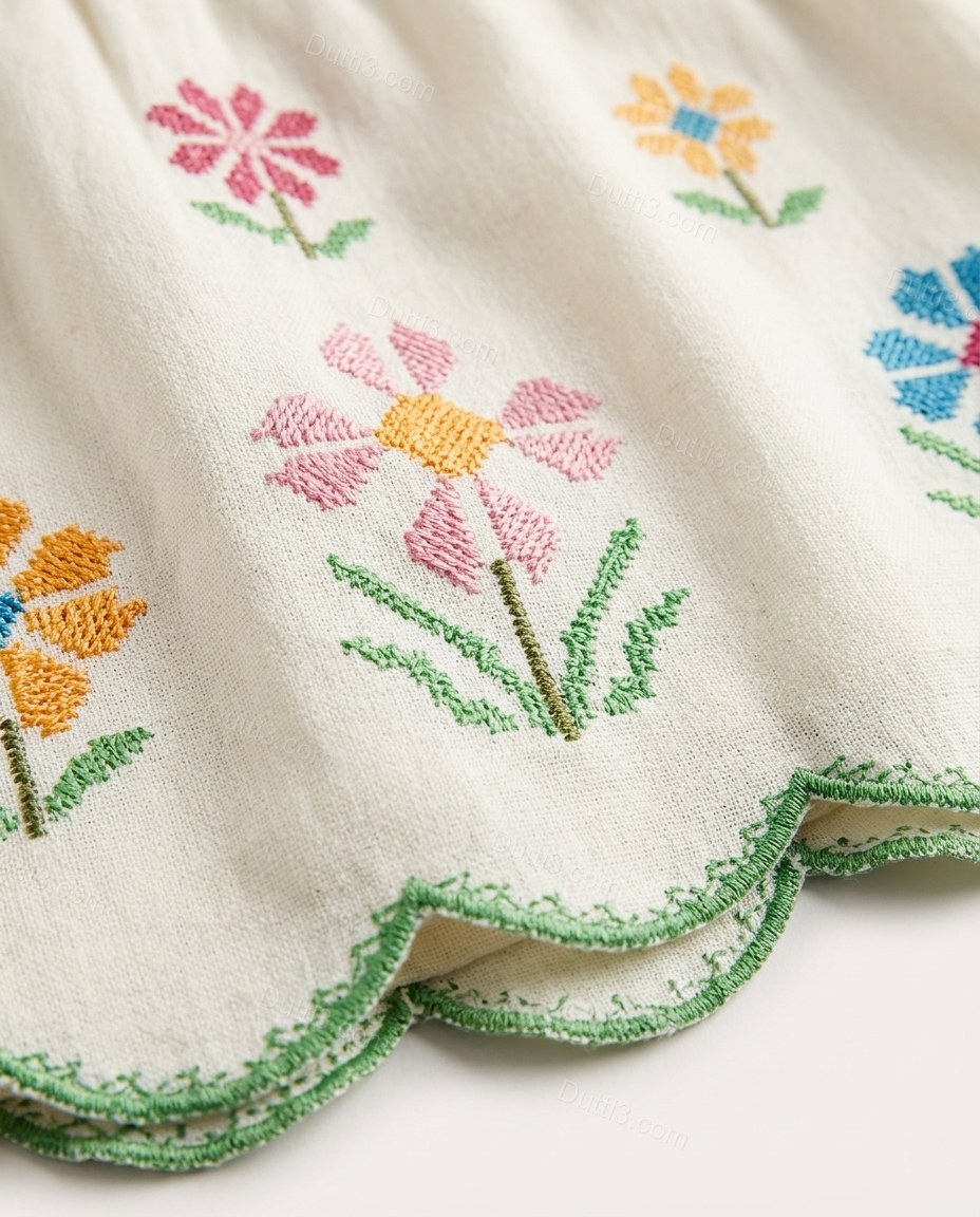 Off-white Floral Embroidered Top & Shorts Set, close-up of floral embroidery and scalloped hem, by Dutti3