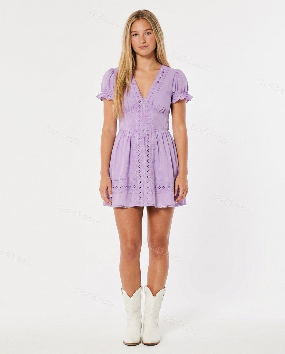 Lavender Mini Eyelet Lace Dress, front studio view, by Dutti3