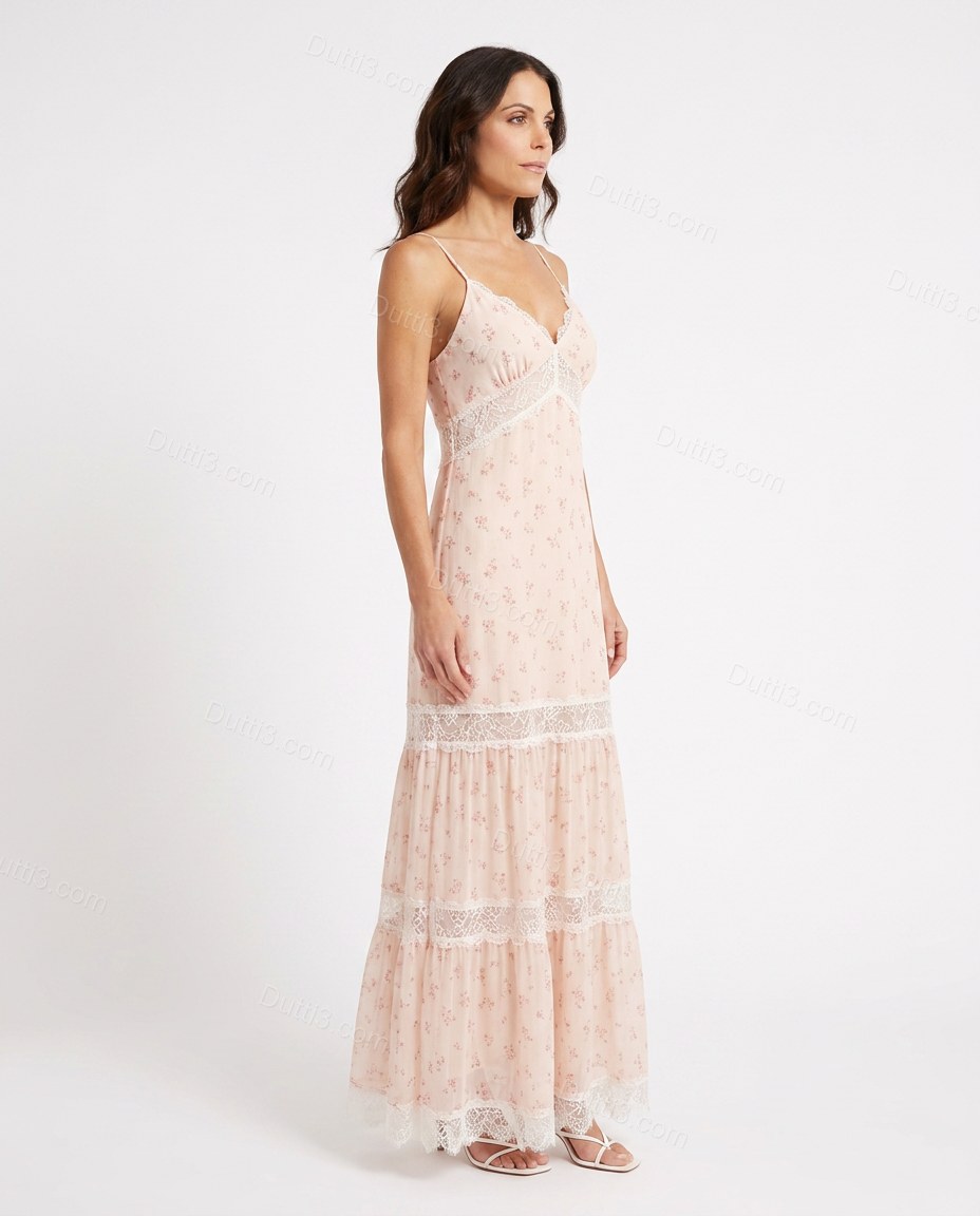 Pink Floral Maxi Tiered Dress, side and back studio view, by Dutti3