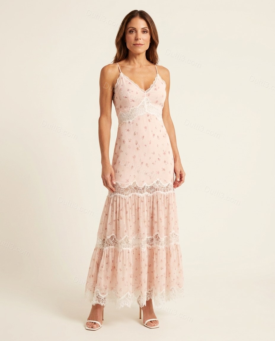 Pink Floral Maxi Tiered Dress, front studio view, by Dutti3