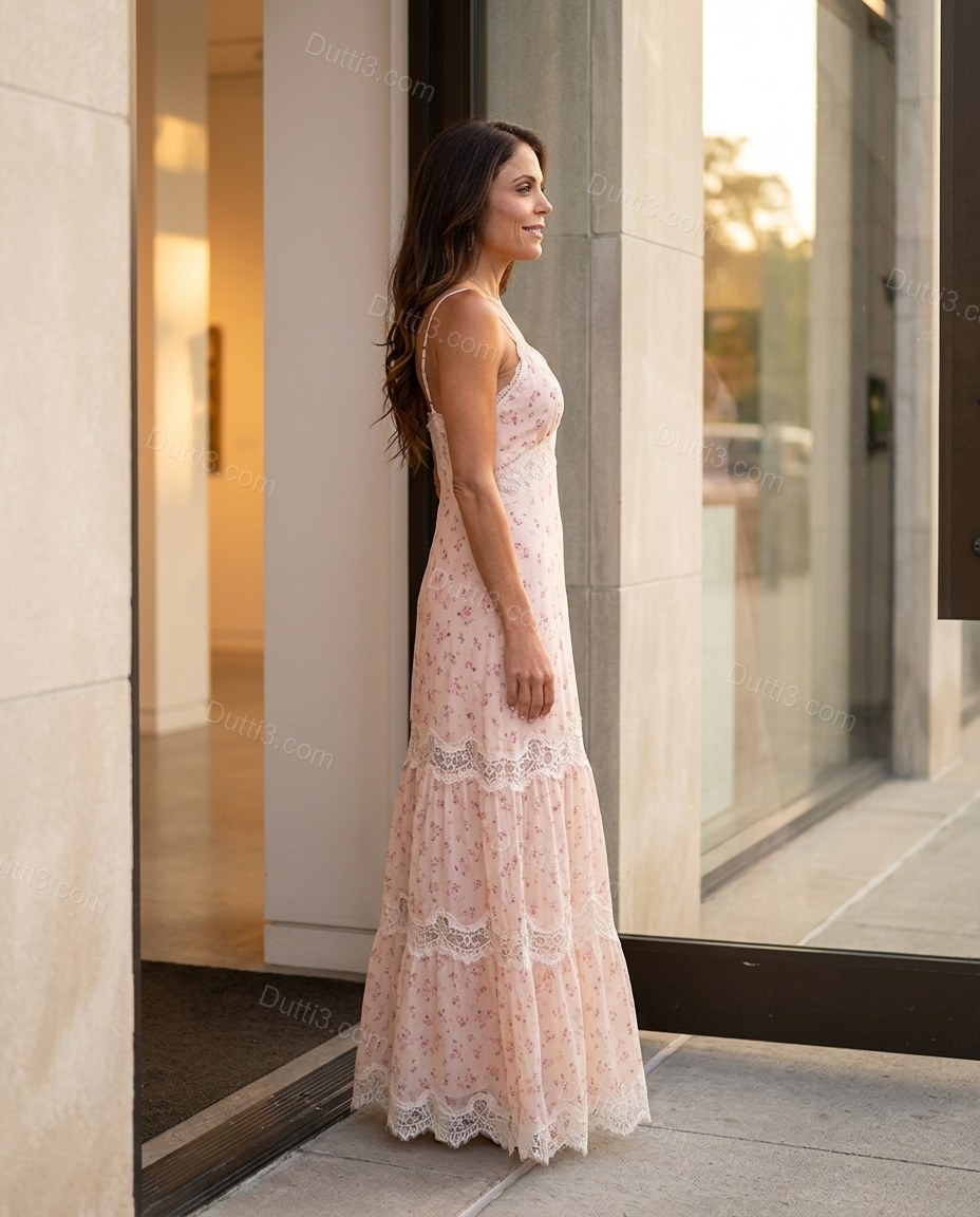 Pink Floral Maxi Tiered Dress, three-quarter brand lifestyle view, by Dutti3