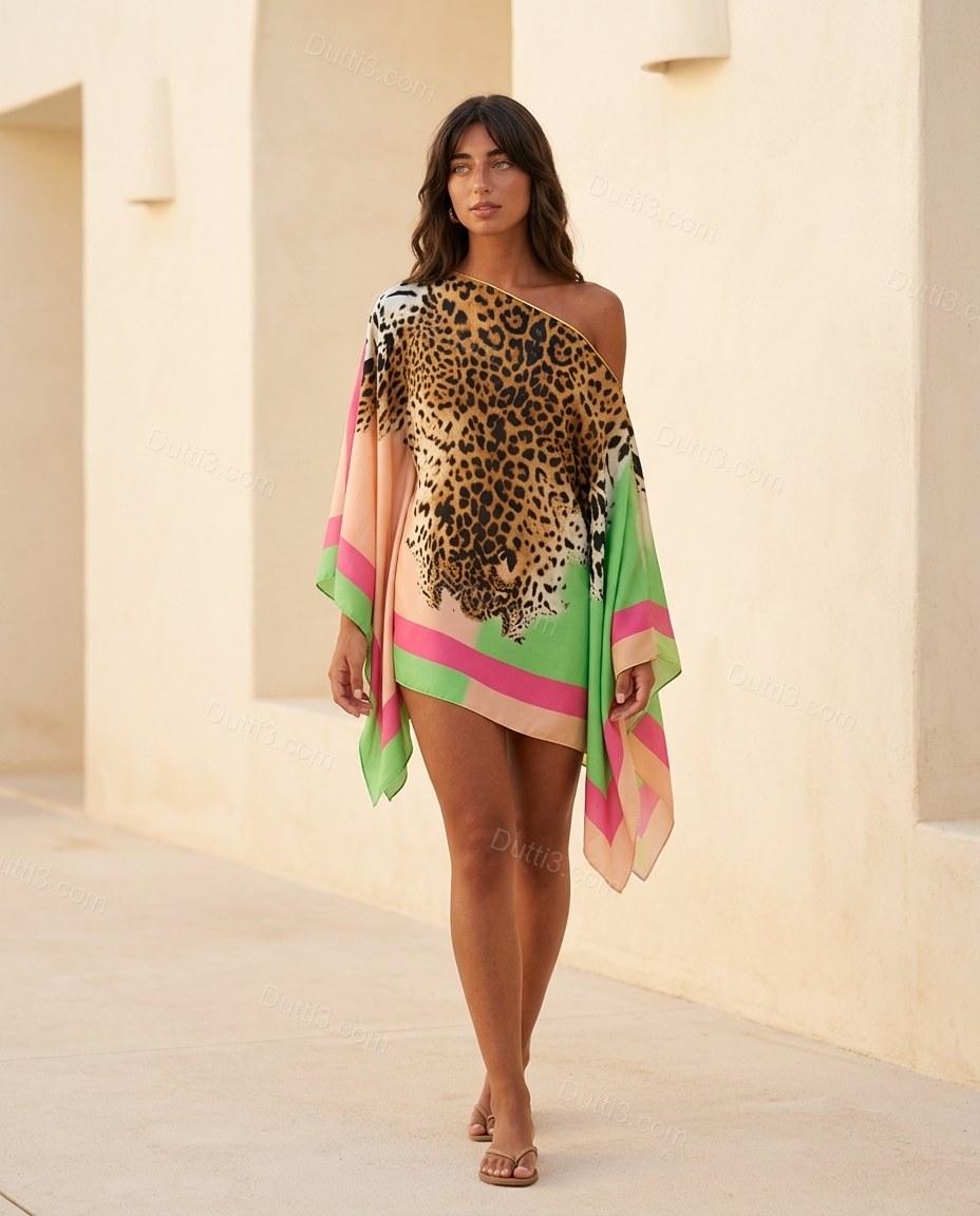 Brown Leopard Print Mini One-Shoulder Dress, full-length hero view, by Dutti3