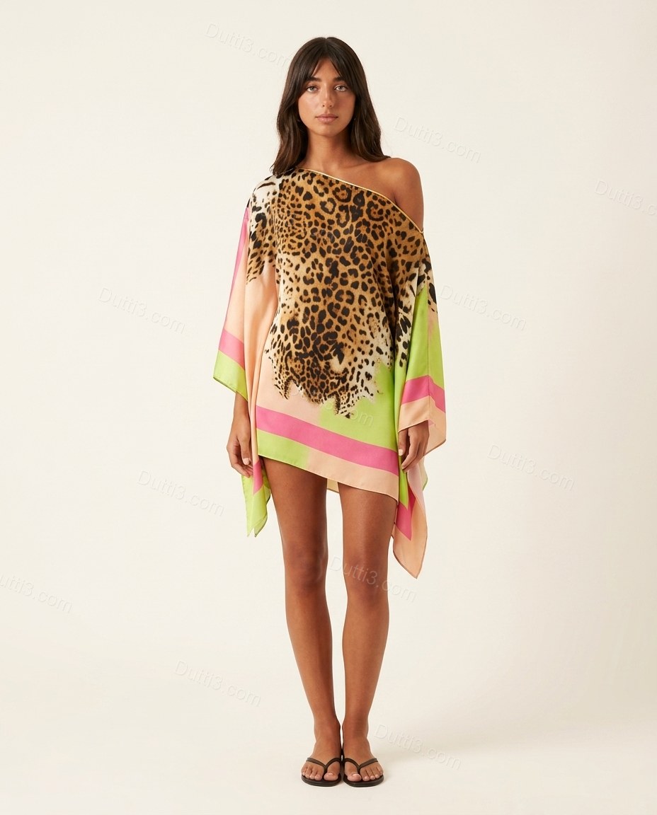 Brown Leopard Print Mini One-Shoulder Dress, front studio view, by Dutti3