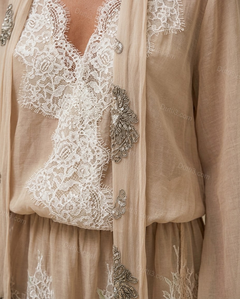 Beige Lace Dress, close-up of white accents, lace trim and sheer fabric, by Dutti3