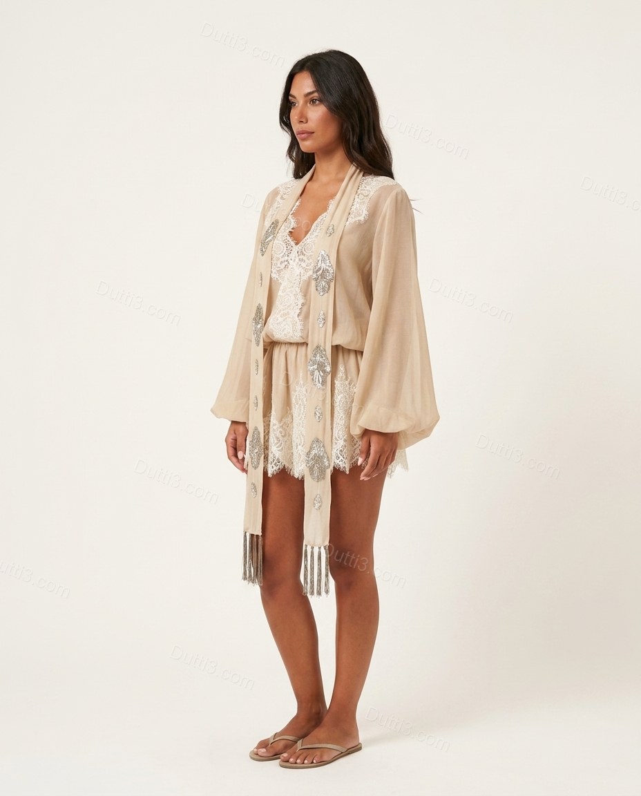 Beige Lace Dress, side and back studio view, by Dutti3