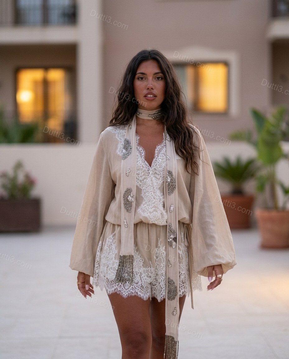 Beige Lace Dress, movement and fit lifestyle view, by Dutti3