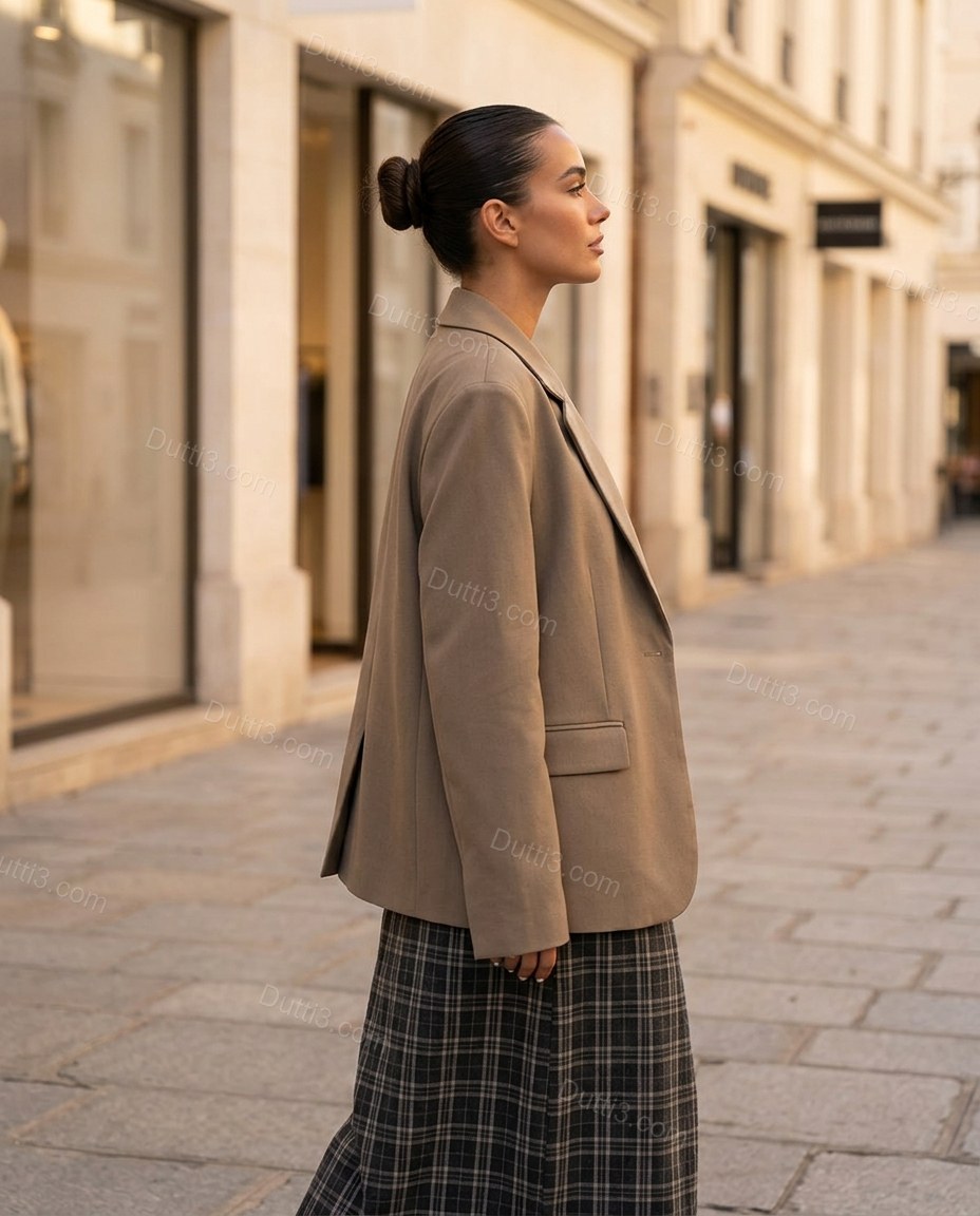 Taupe Blazer, movement and fit lifestyle view, by Dutti3
