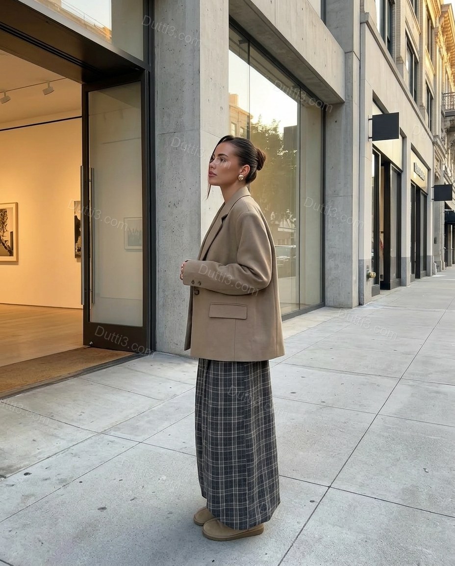 Taupe Blazer, three-quarter brand lifestyle view, by Dutti3