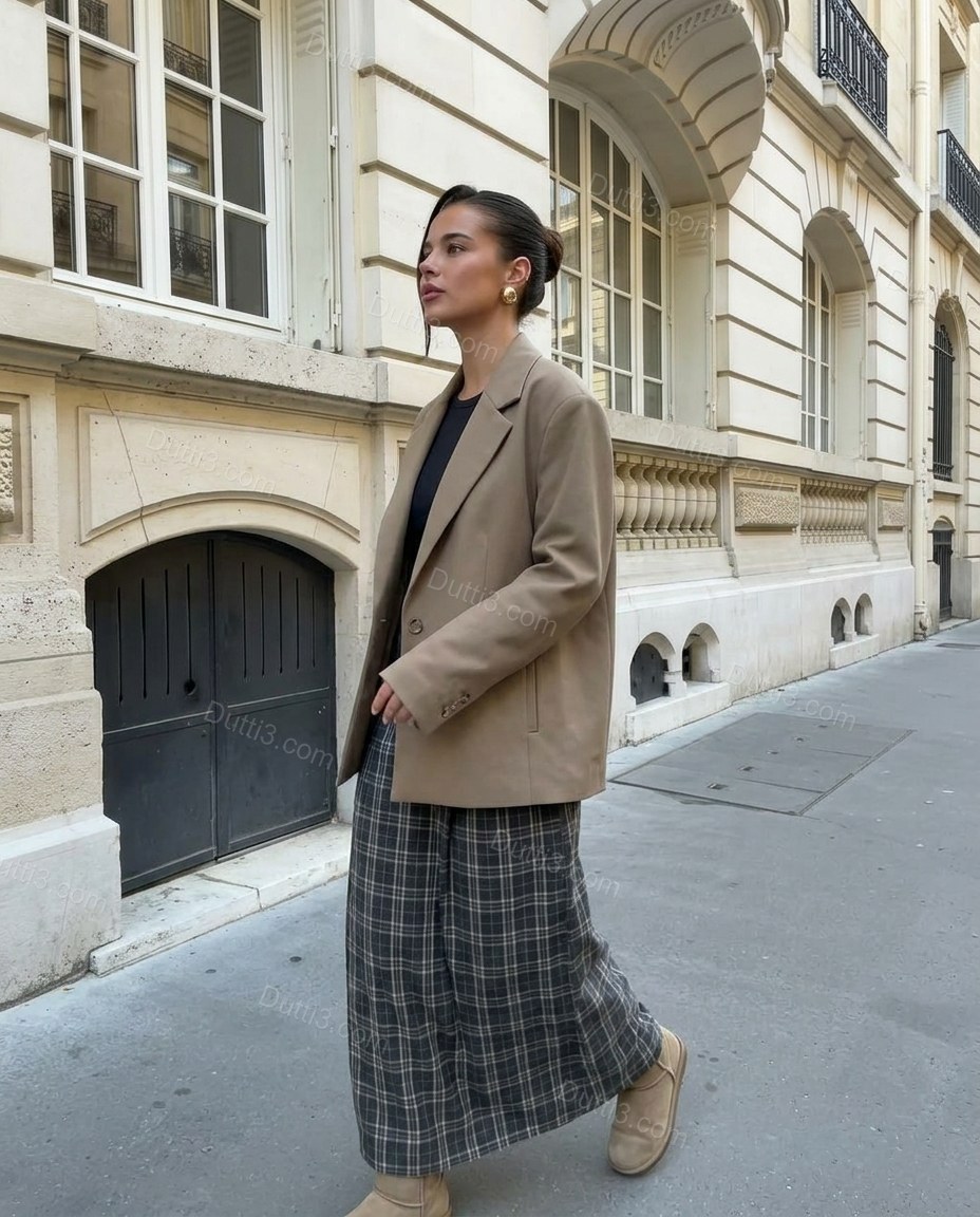 Taupe Blazer, walking lifestyle view, by Dutti3