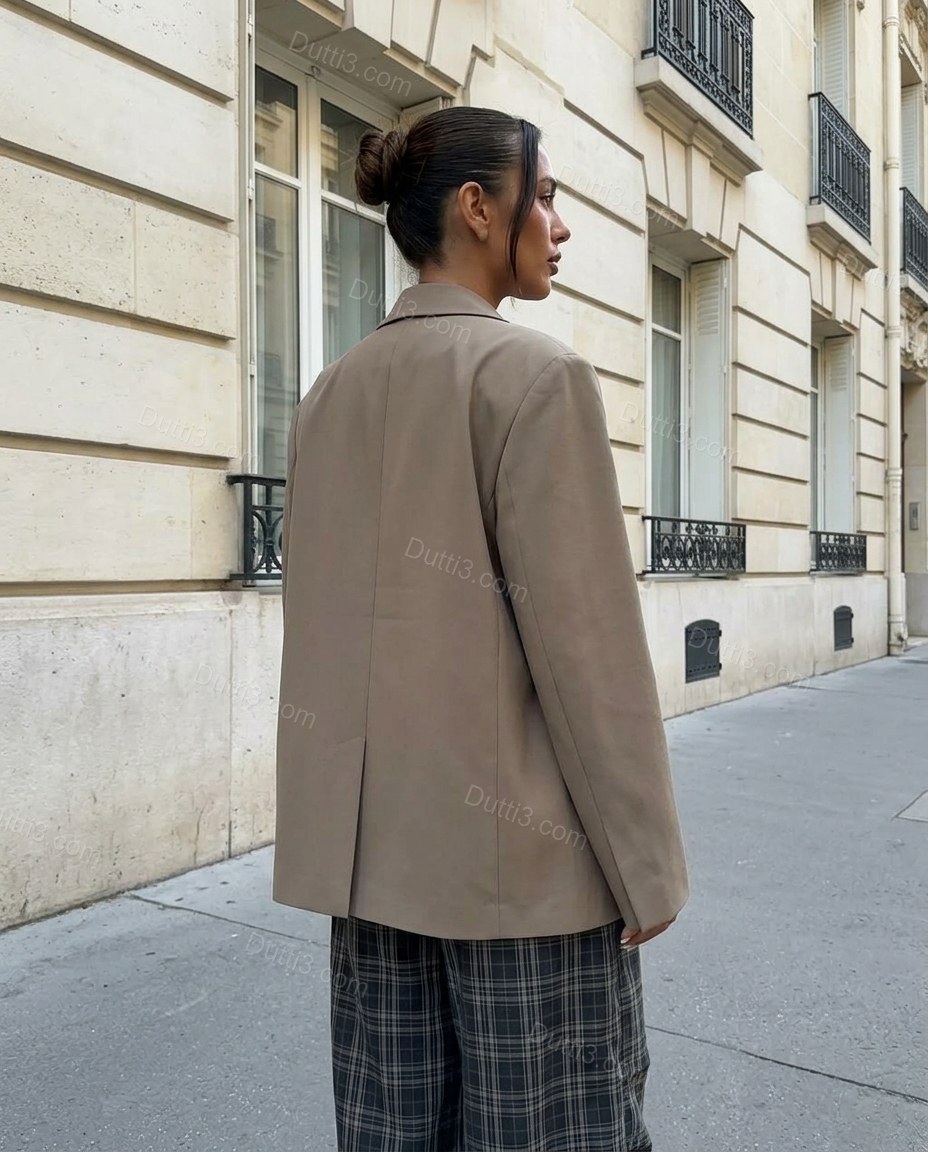 Taupe Blazer, back studio view showing plain back, no visible vents, by Dutti3