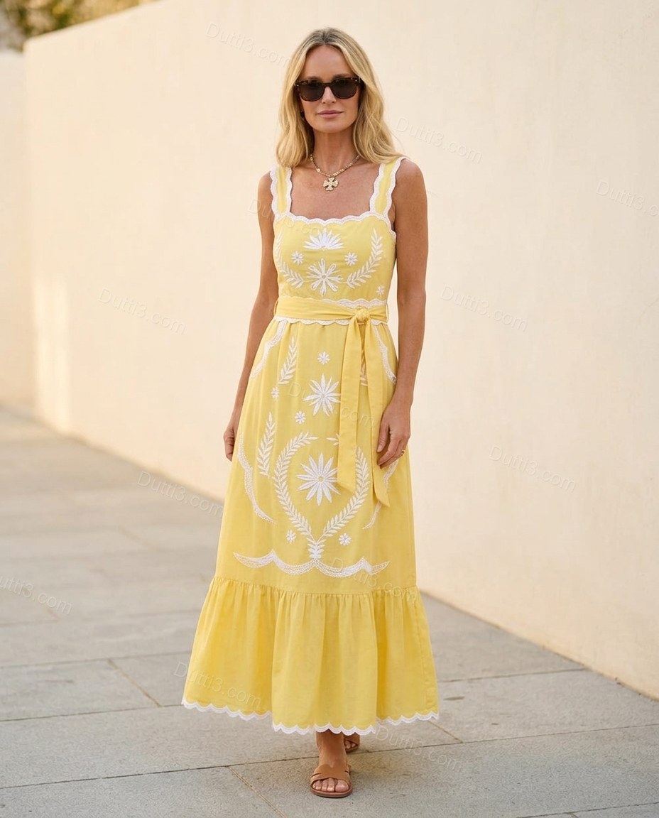Yellow Maxi Embroidered Ruffled Dress, full-length hero view, by Dutti3
