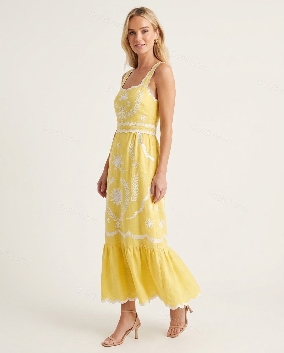 Yellow Maxi Embroidered Ruffled Dress, side and back studio view, by Dutti3