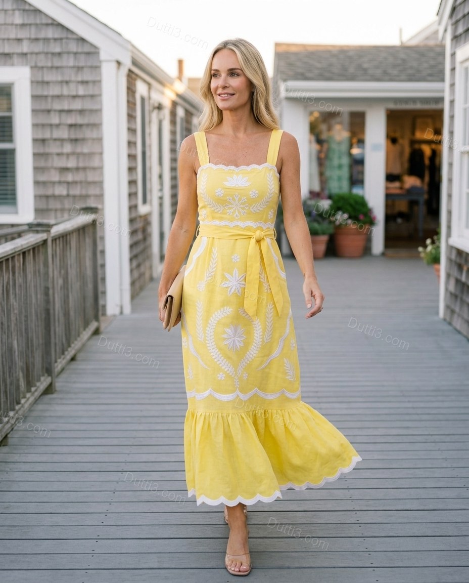 Yellow Maxi Embroidered Ruffled Dress, movement and fit lifestyle view, by Dutti3