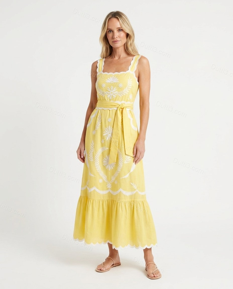 Yellow Maxi Embroidered Ruffled Dress, front studio view, by Dutti3