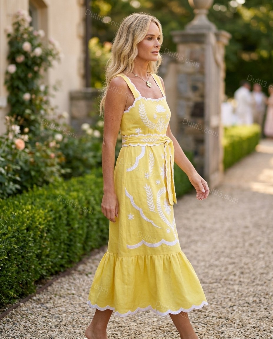 Yellow Maxi Embroidered Ruffled Dress, three-quarter brand lifestyle view, by Dutti3