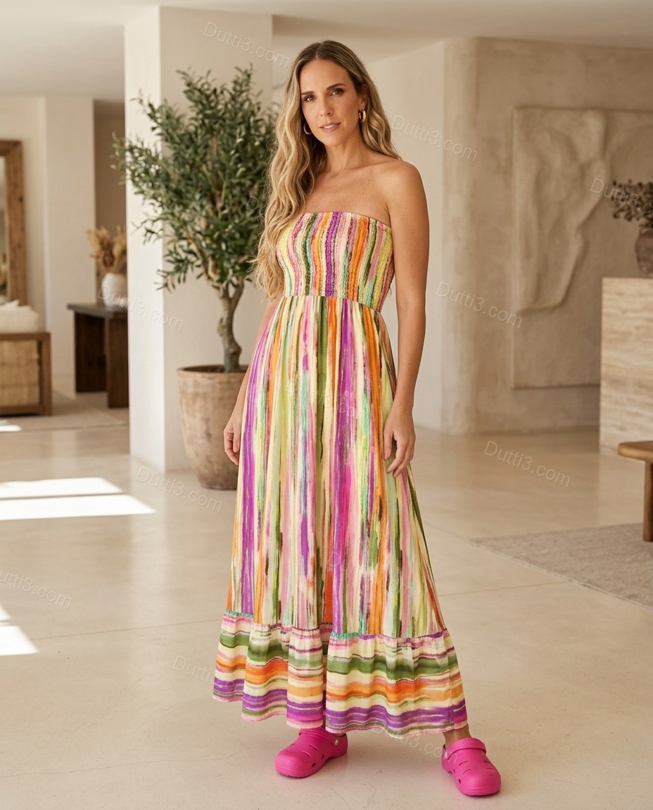 Multi-Color Striped Maxi Halter Dress, full-length hero view, by Dutti3