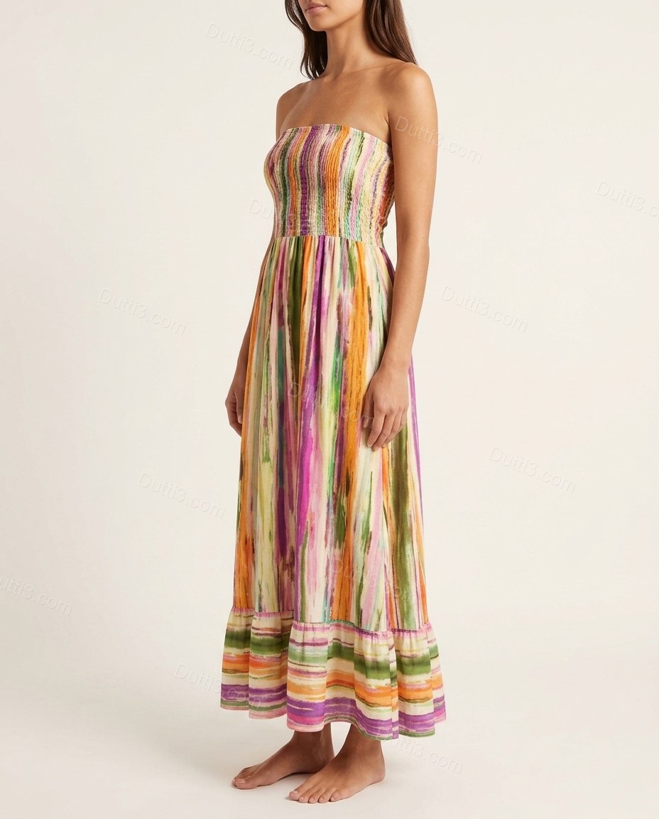 Multi-Color Striped Maxi Halter Dress, side and back studio view, by Dutti3