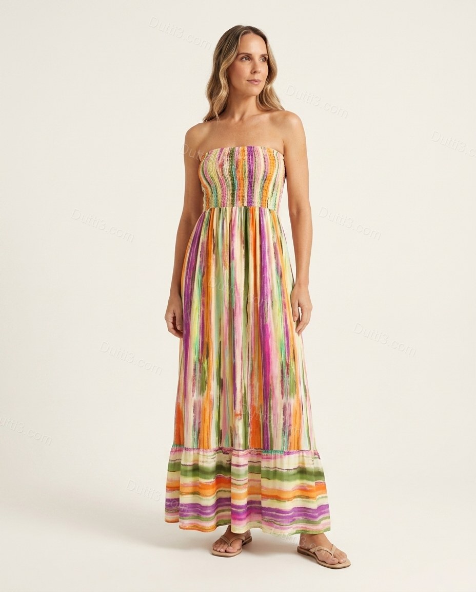 Multi-Color Striped Maxi Halter Dress, front studio view, by Dutti3