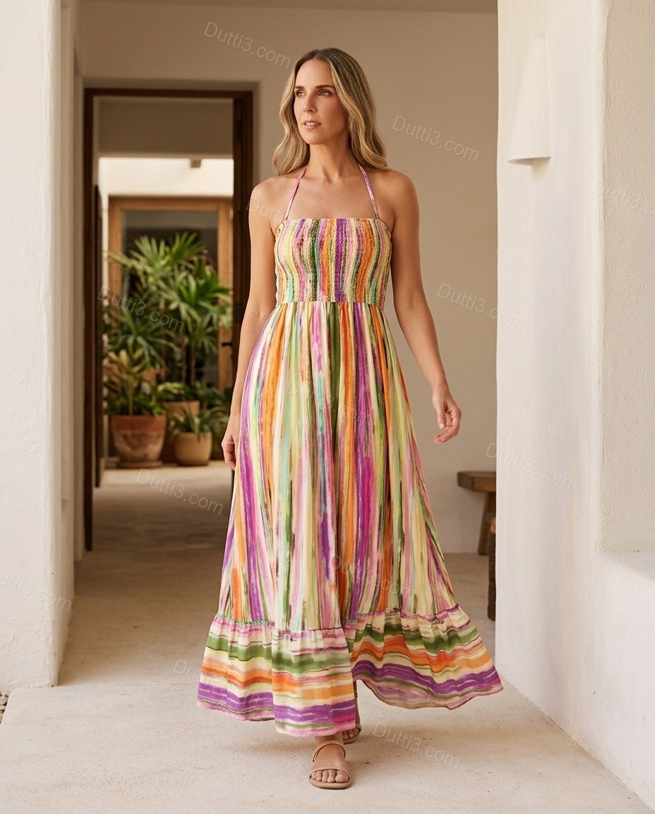 Multi-Color Striped Maxi Halter Dress, three-quarter brand lifestyle view, by Dutti3