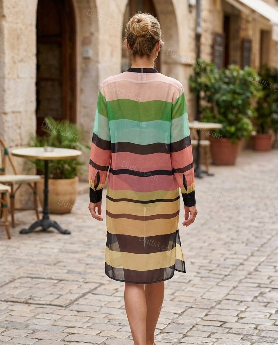 Multi-Color Striped Dress, movement and fit lifestyle view, by Dutti3