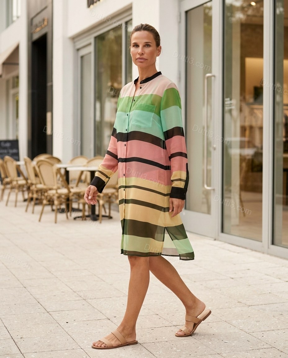 Multi-Color Striped Dress, walking lifestyle view, by Dutti3