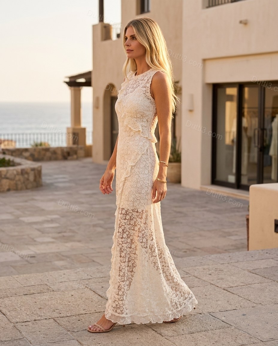 Off-white Floral Maxi Ruffled Dress, three-quarter brand lifestyle view, by Dutti3