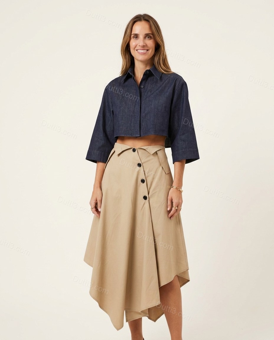 Light Beige Midi Pleated Asymmetric Shirt & Skirt Set, front studio view, by Dutti3