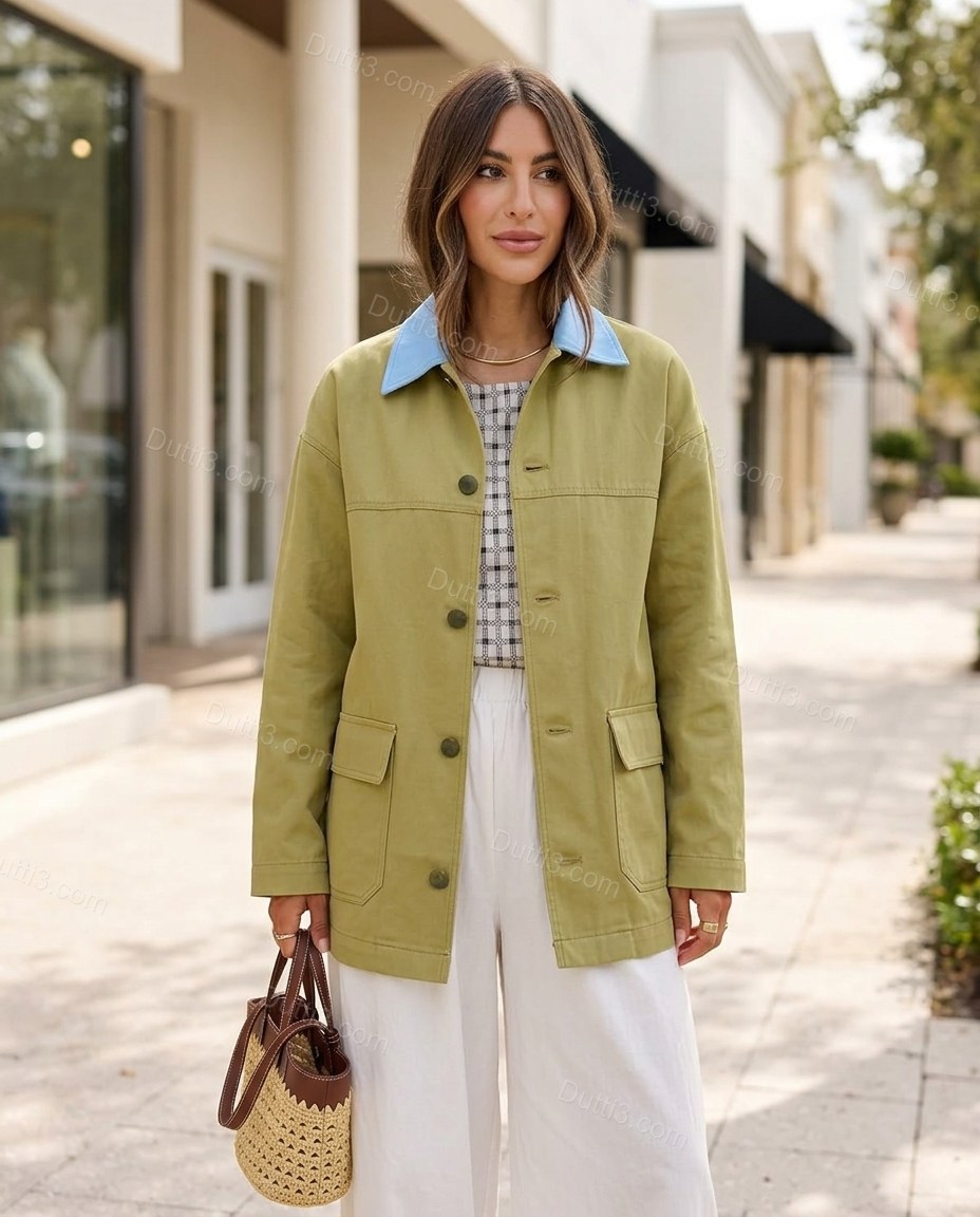 Olive Green Cotton Jacket, three-quarter brand lifestyle view, by Dutti3