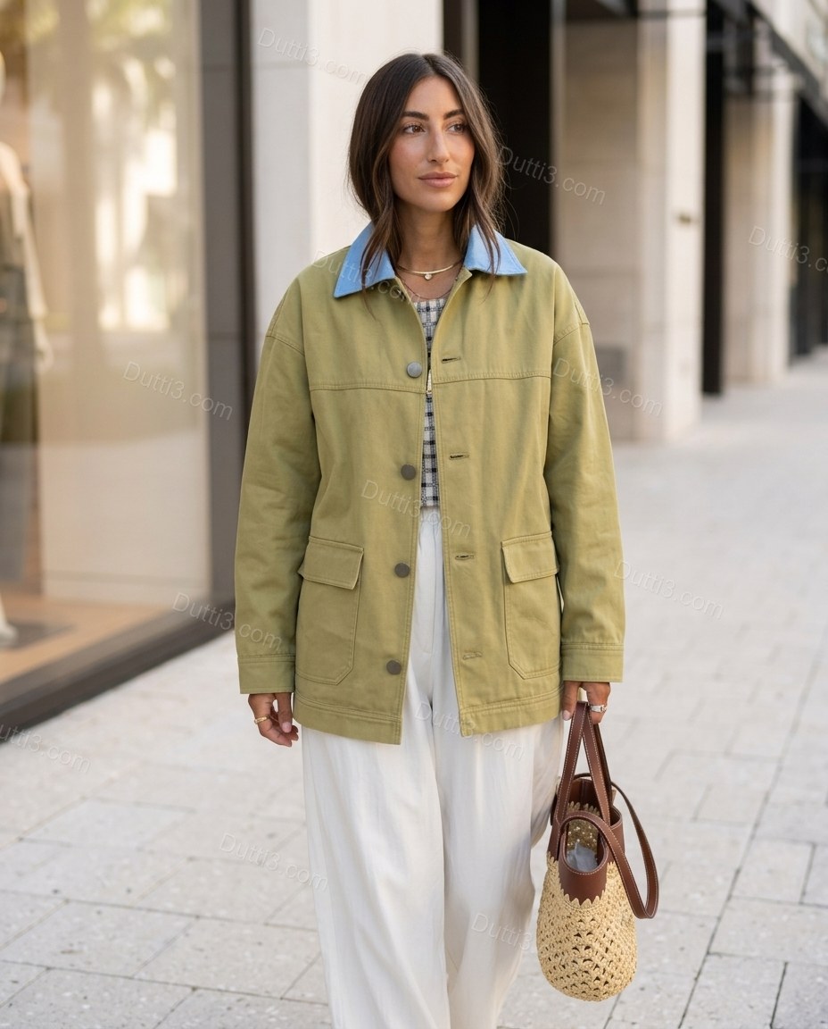 Olive Green Cotton Jacket, walking lifestyle view, by Dutti3