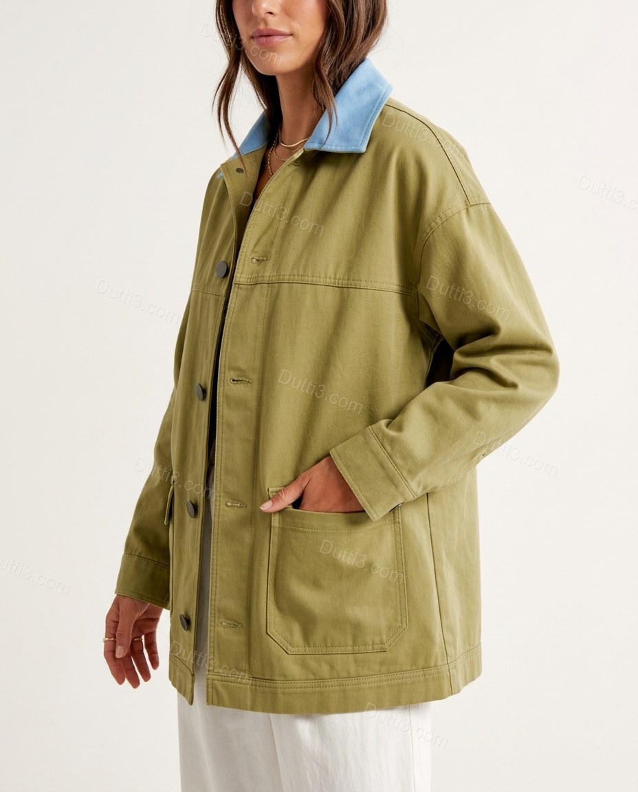 Olive Green Cotton Jacket, side and back studio view, by Dutti3