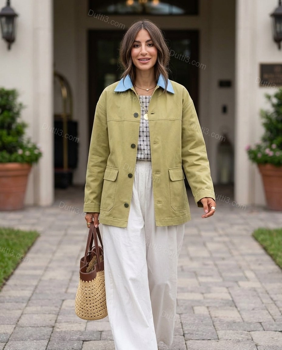 Olive Green Cotton Jacket, movement and fit lifestyle view, by Dutti3