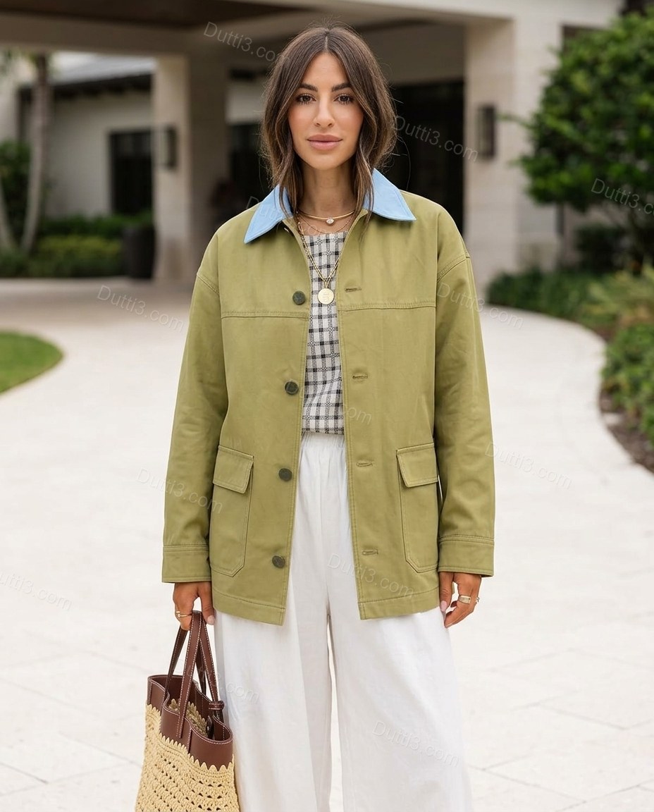 Olive Green Cotton Jacket, full-length hero view, by Dutti3
