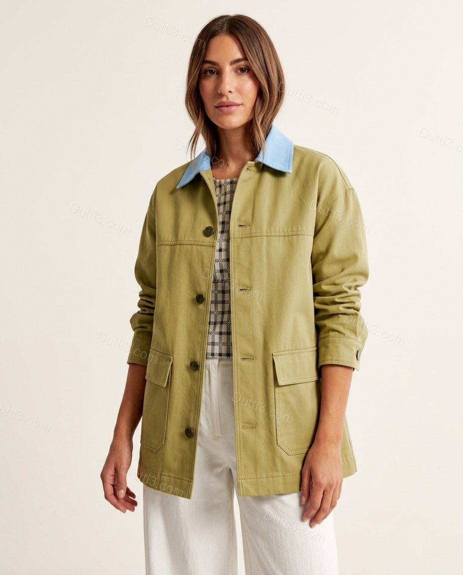 Olive Green Cotton Jacket, front studio view, by Dutti3