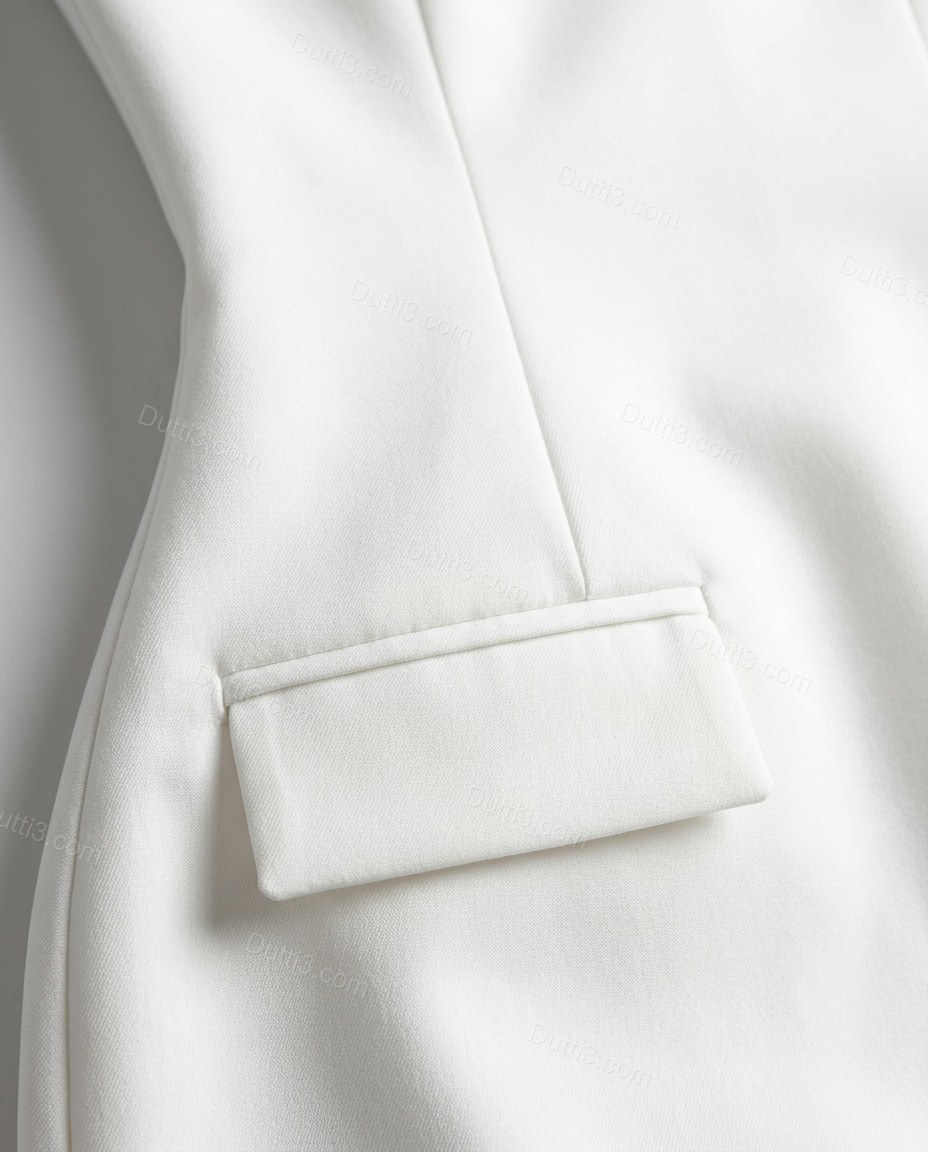 White Mini Strapless Dress, close-up of flap pockets, back zipper closure and strapless design, by Dutti3