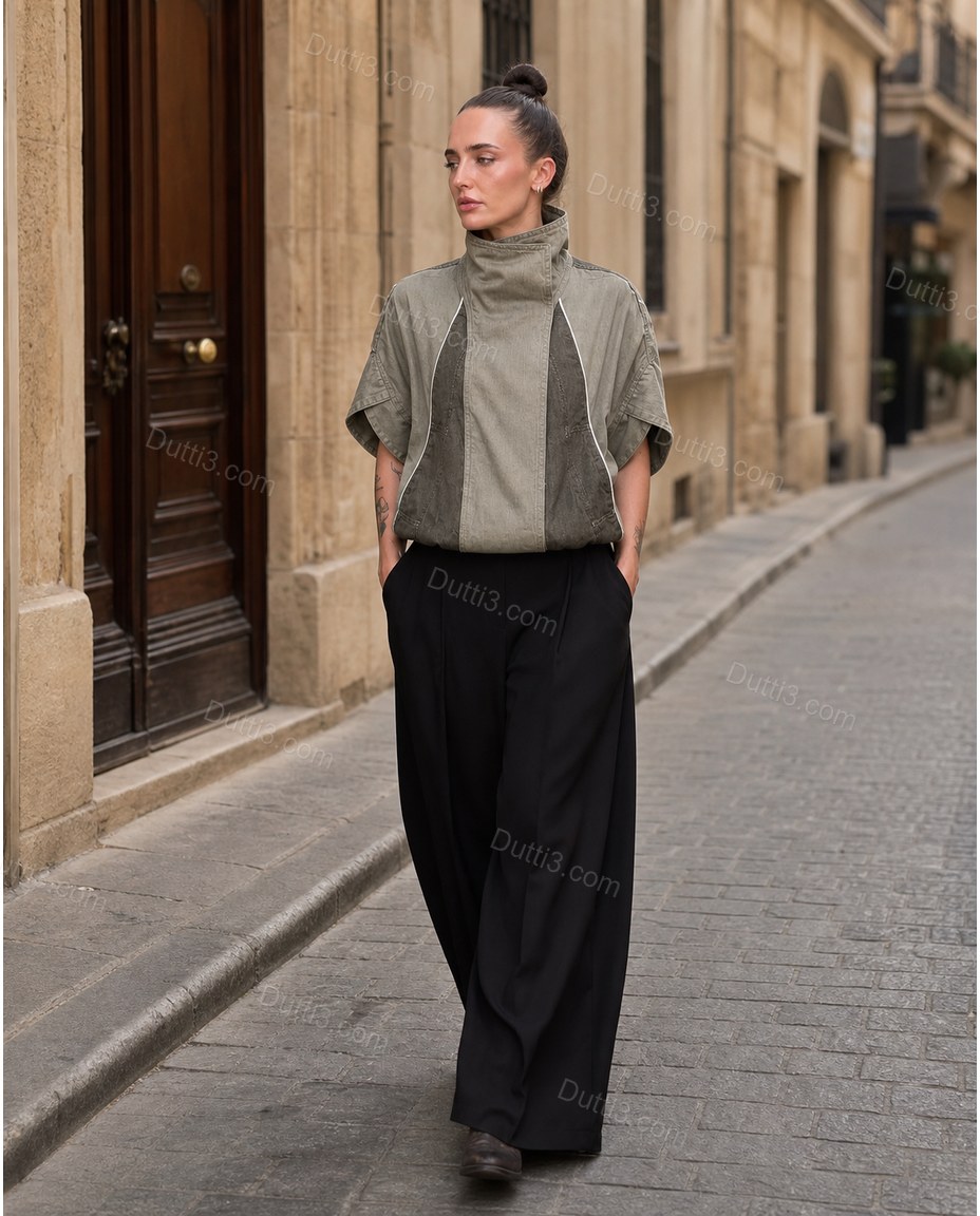 Brown Asymmetric Vest, walking lifestyle view, by Dutti3