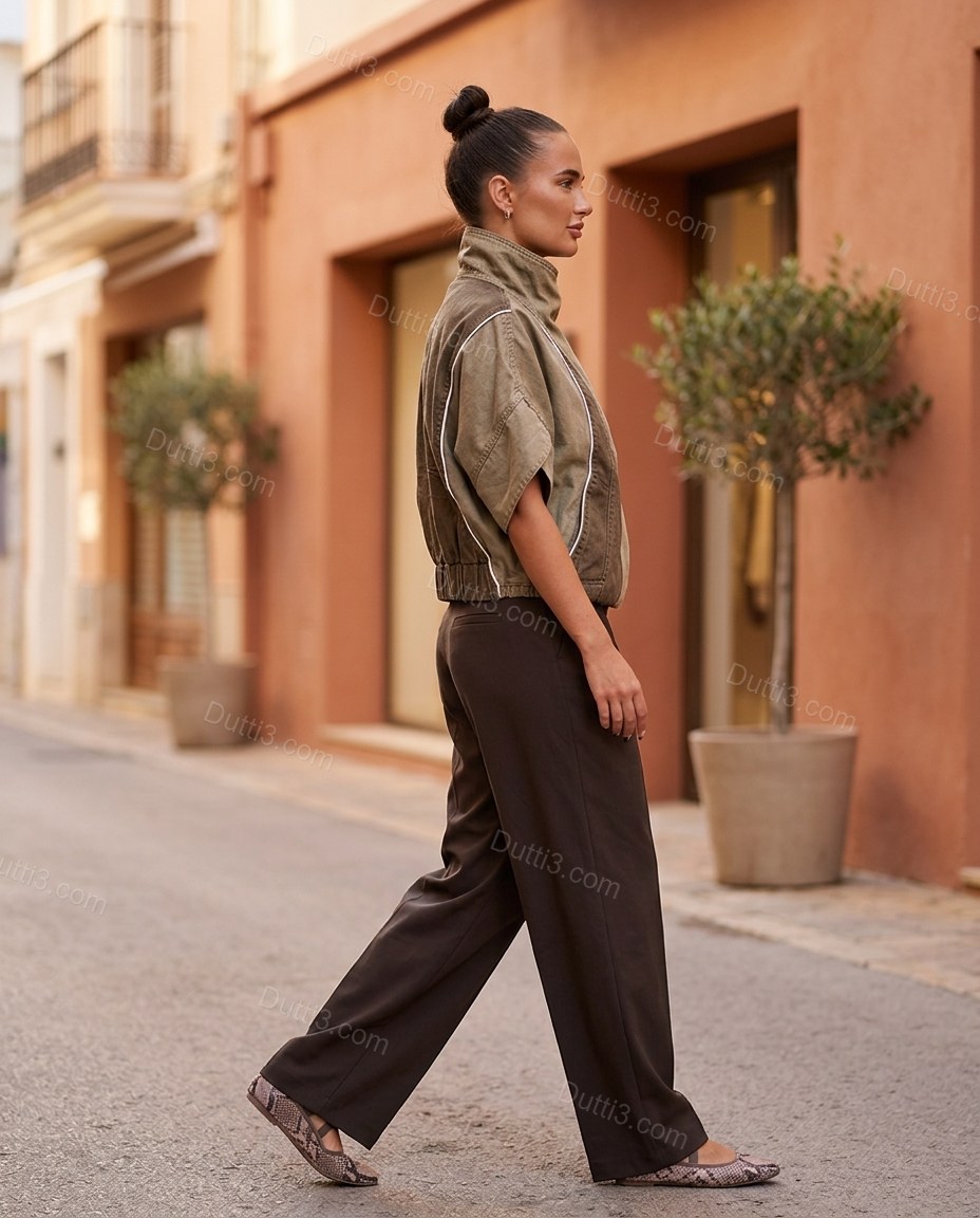 Brown Asymmetric Vest, movement and fit lifestyle view, by Dutti3