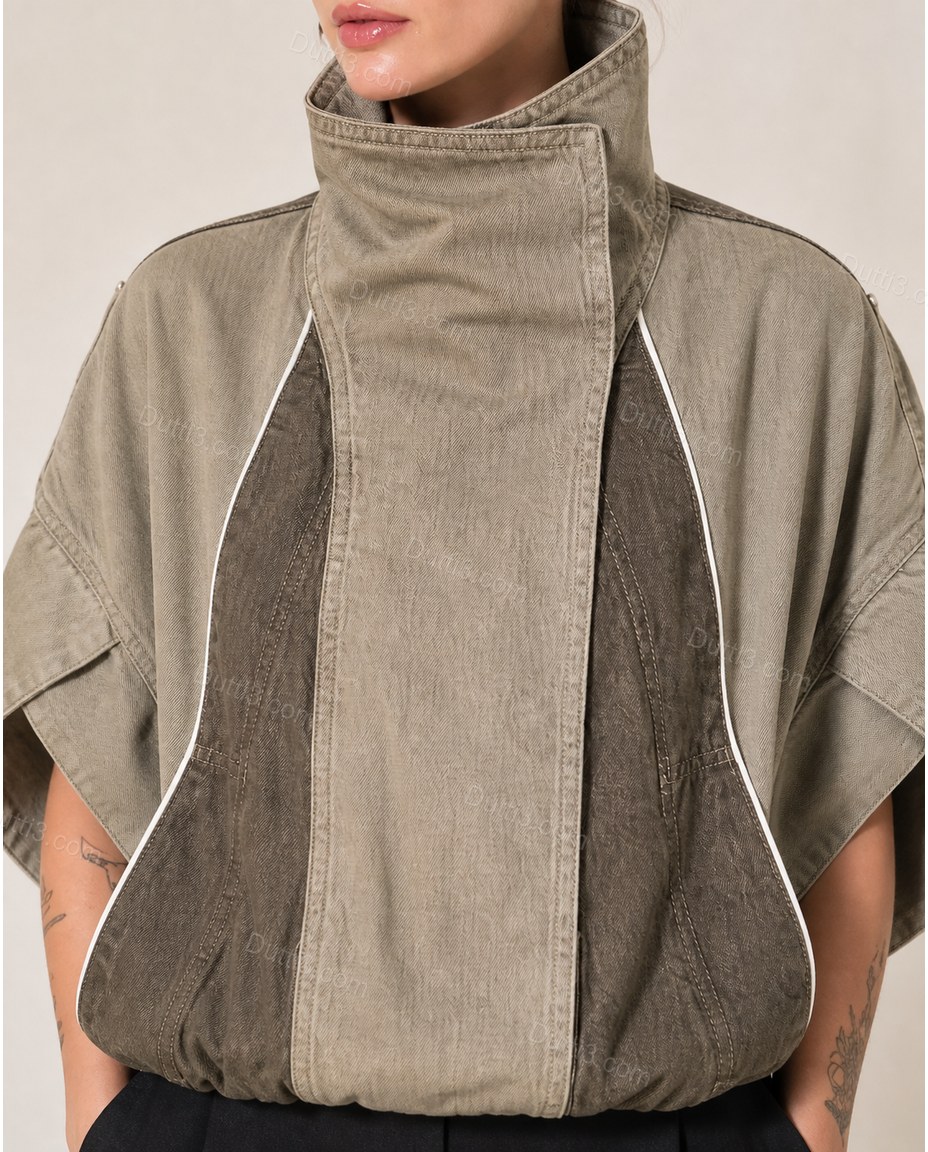 Brown Asymmetric Vest, close-up of frog closures, stand collar and curved hem, by Dutti3