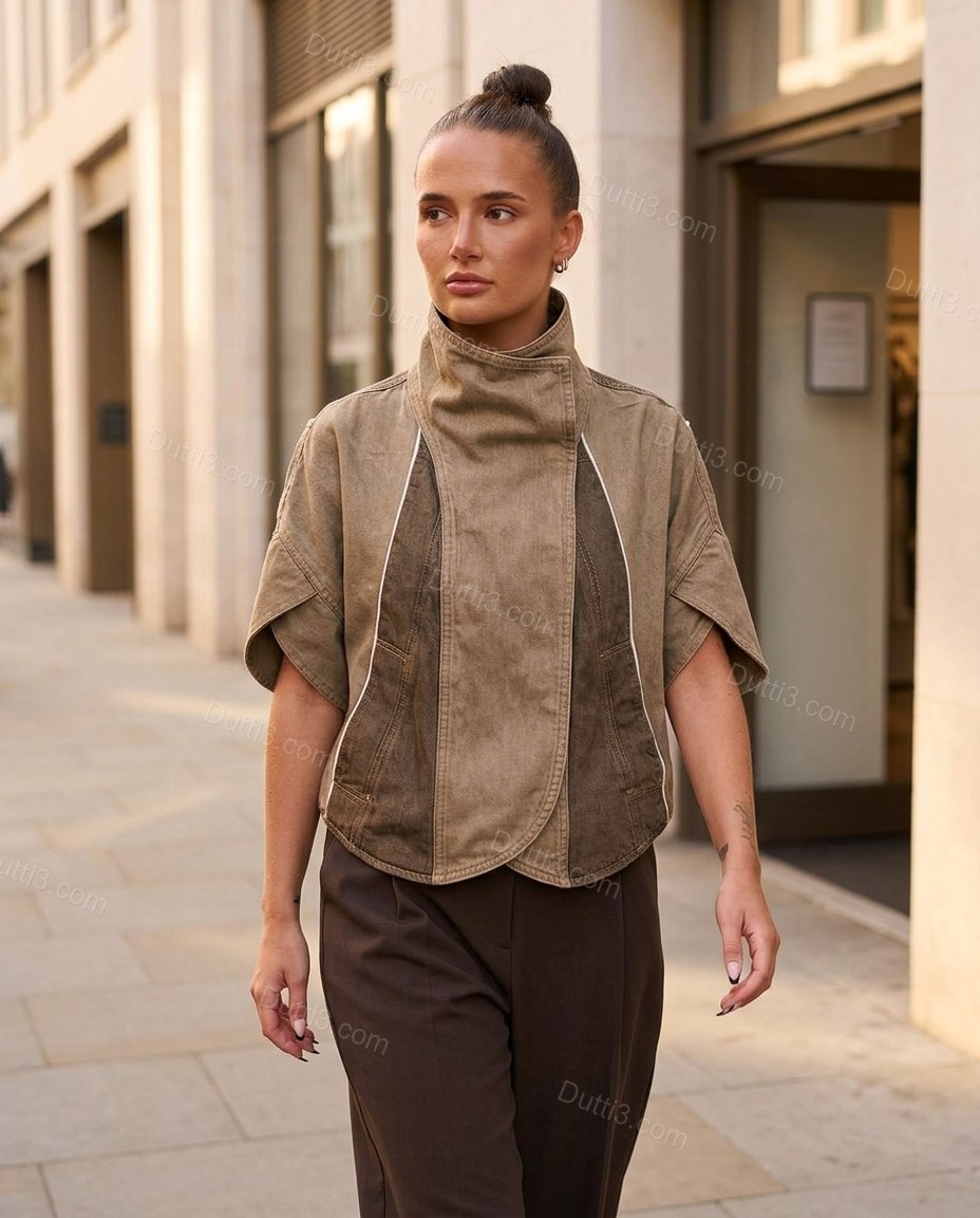 Brown Asymmetric Vest, alternate use-case lifestyle view, by Dutti3