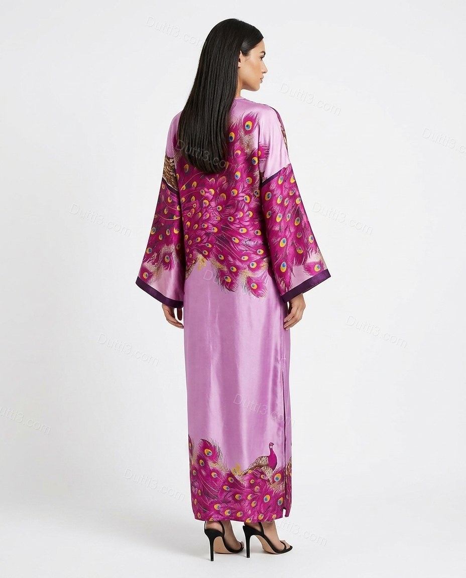 Purple Floral Feather-Trim Satin Dress, back studio view showing continuous peacock feather print with no seams or openings, by Dutti3