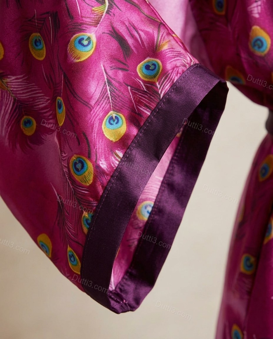 Purple Floral Feather-Trim Satin Dress, close-up of floral, by Dutti3