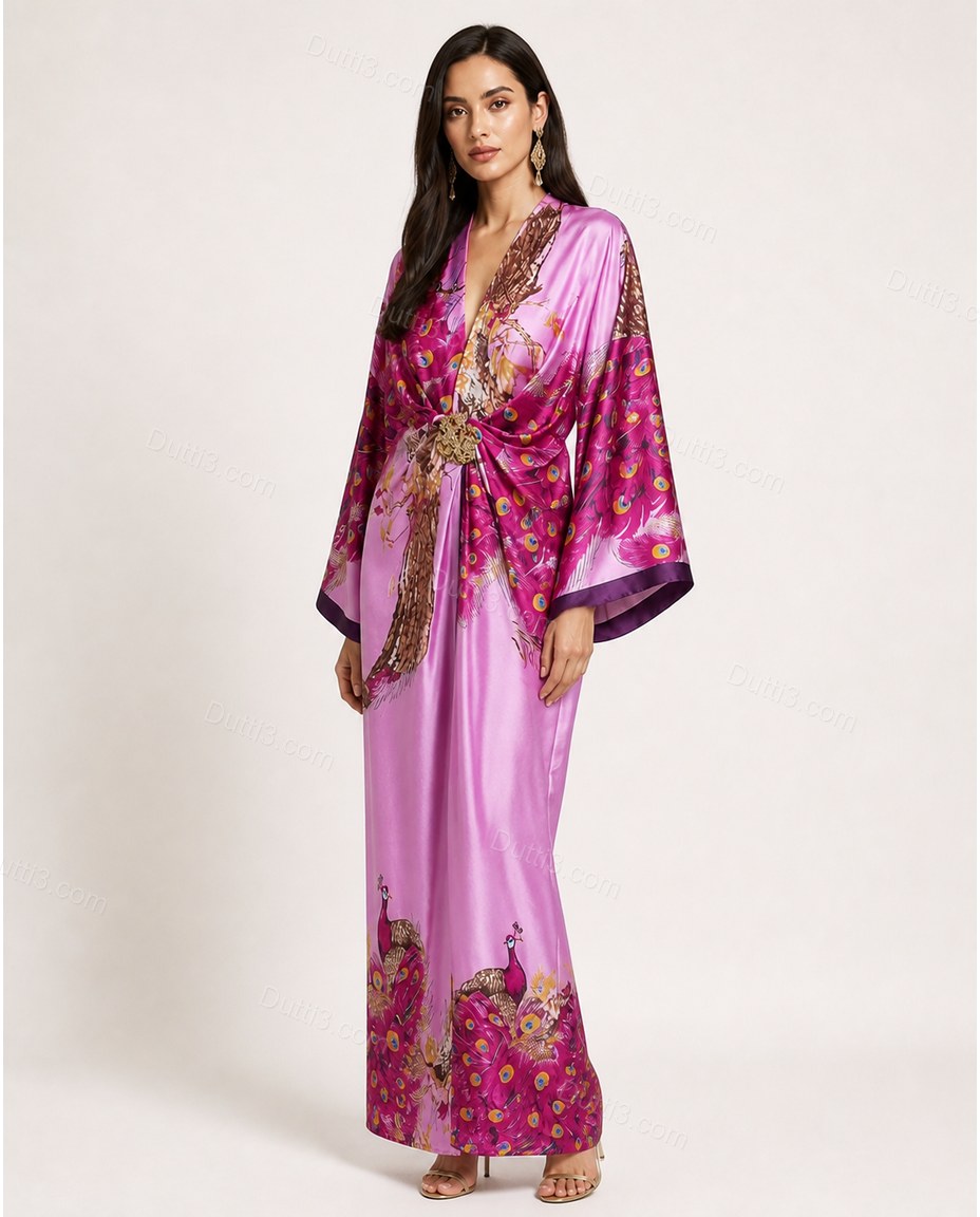 Purple Floral Feather-Trim Satin Dress, front studio view, by Dutti3