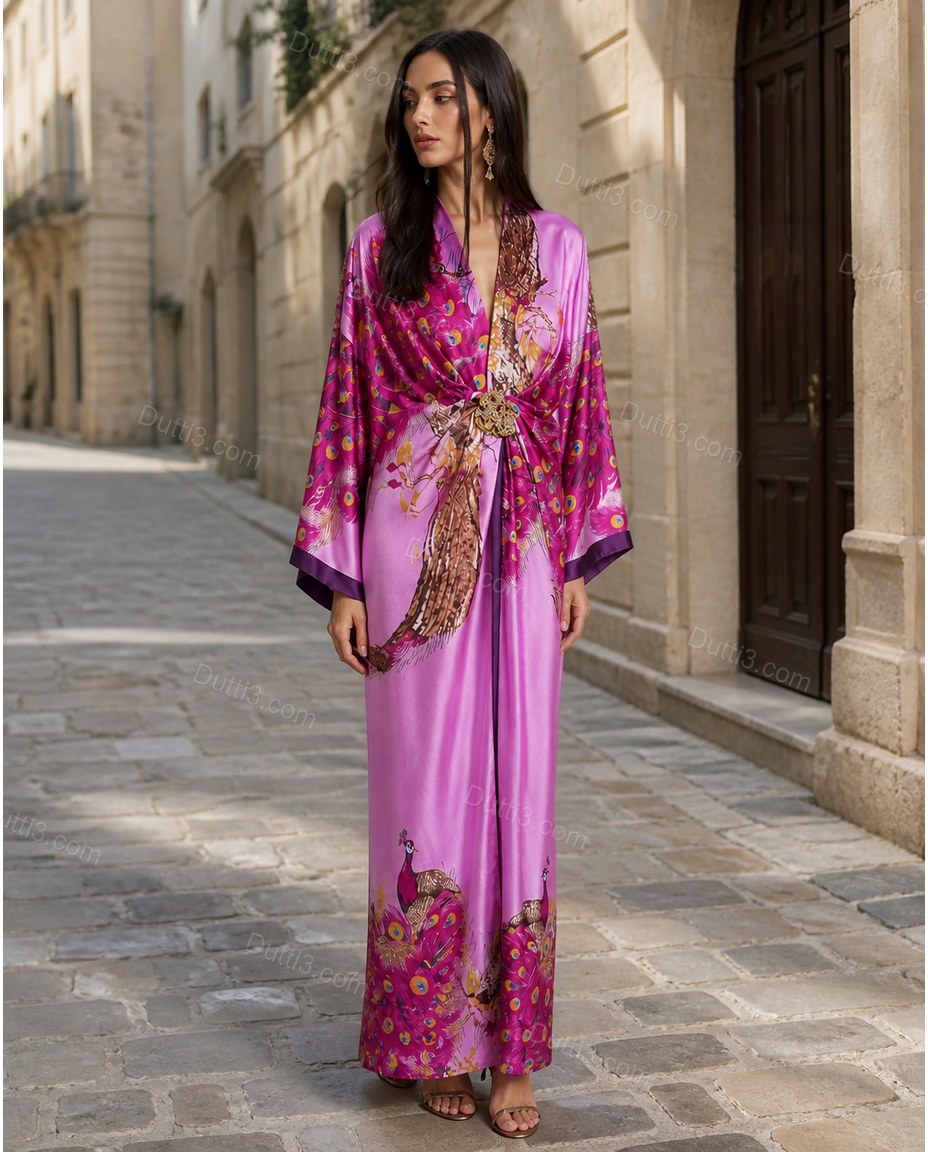 Purple Floral Feather-Trim Satin Dress, movement and fit lifestyle view, by Dutti3