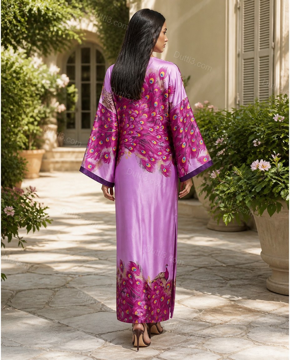 Purple Floral Feather-Trim Satin Dress, alternate use-case lifestyle view, by Dutti3