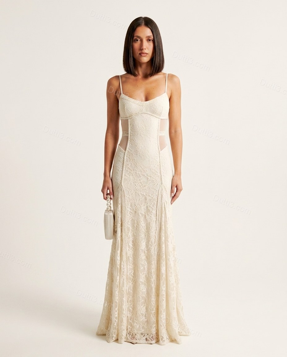 Off-white Floral Open-Back Lace Dress, front studio view, by Dutti3