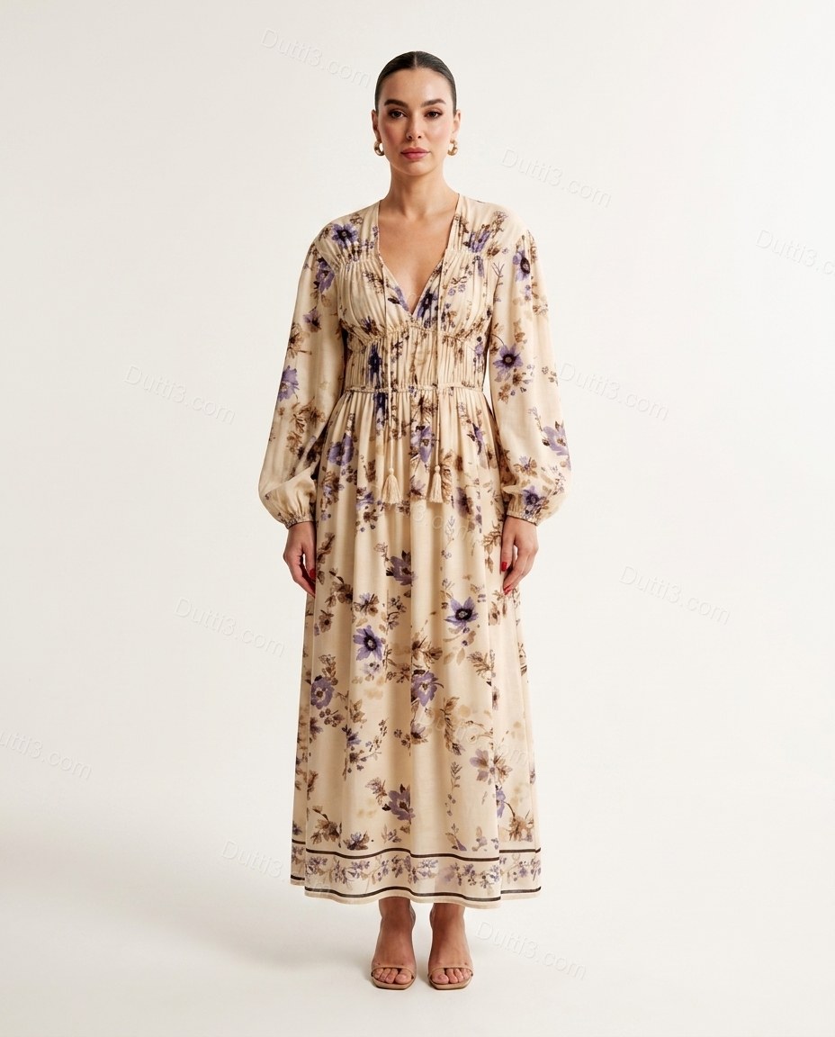 Beige Floral Maxi Dress, front studio view, by Dutti3