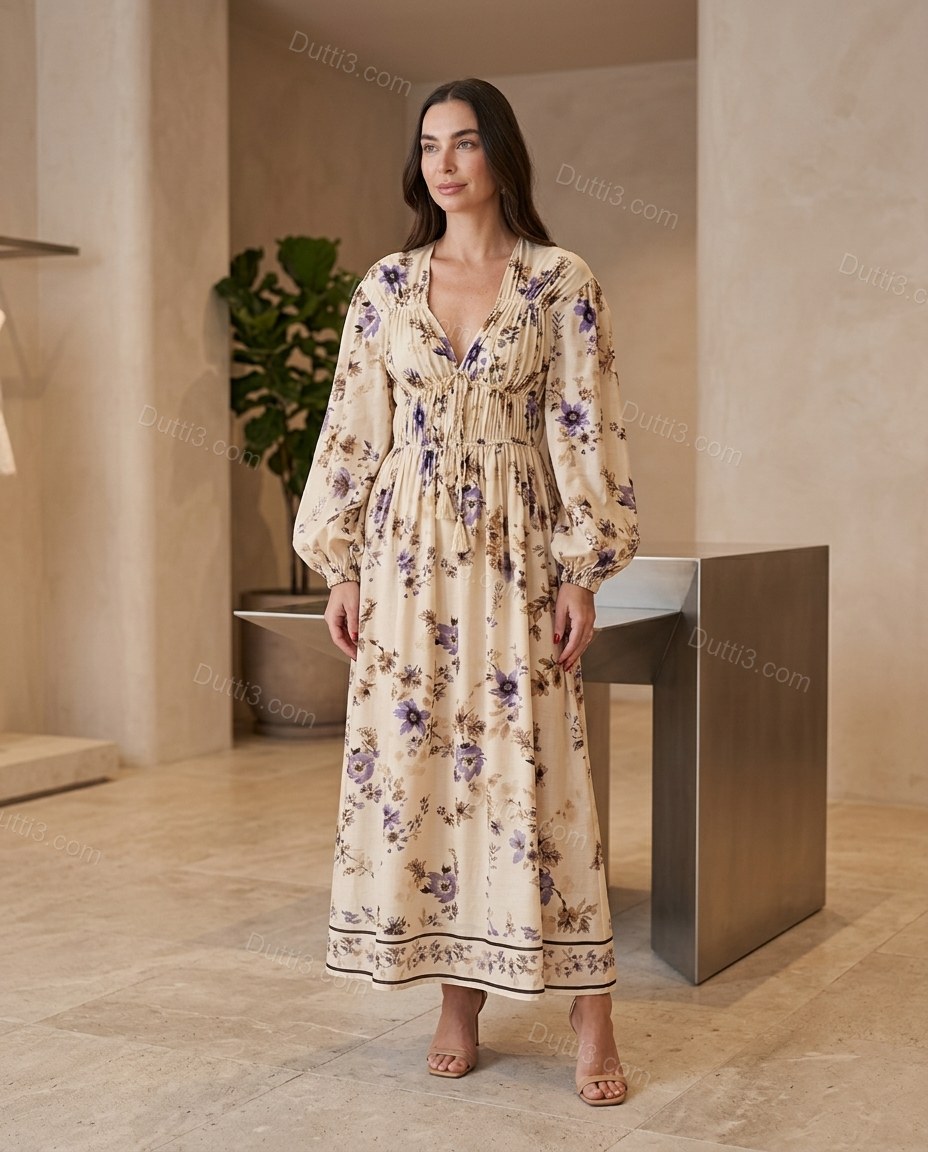 Beige Floral Maxi Dress, three-quarter brand lifestyle view, by Dutti3