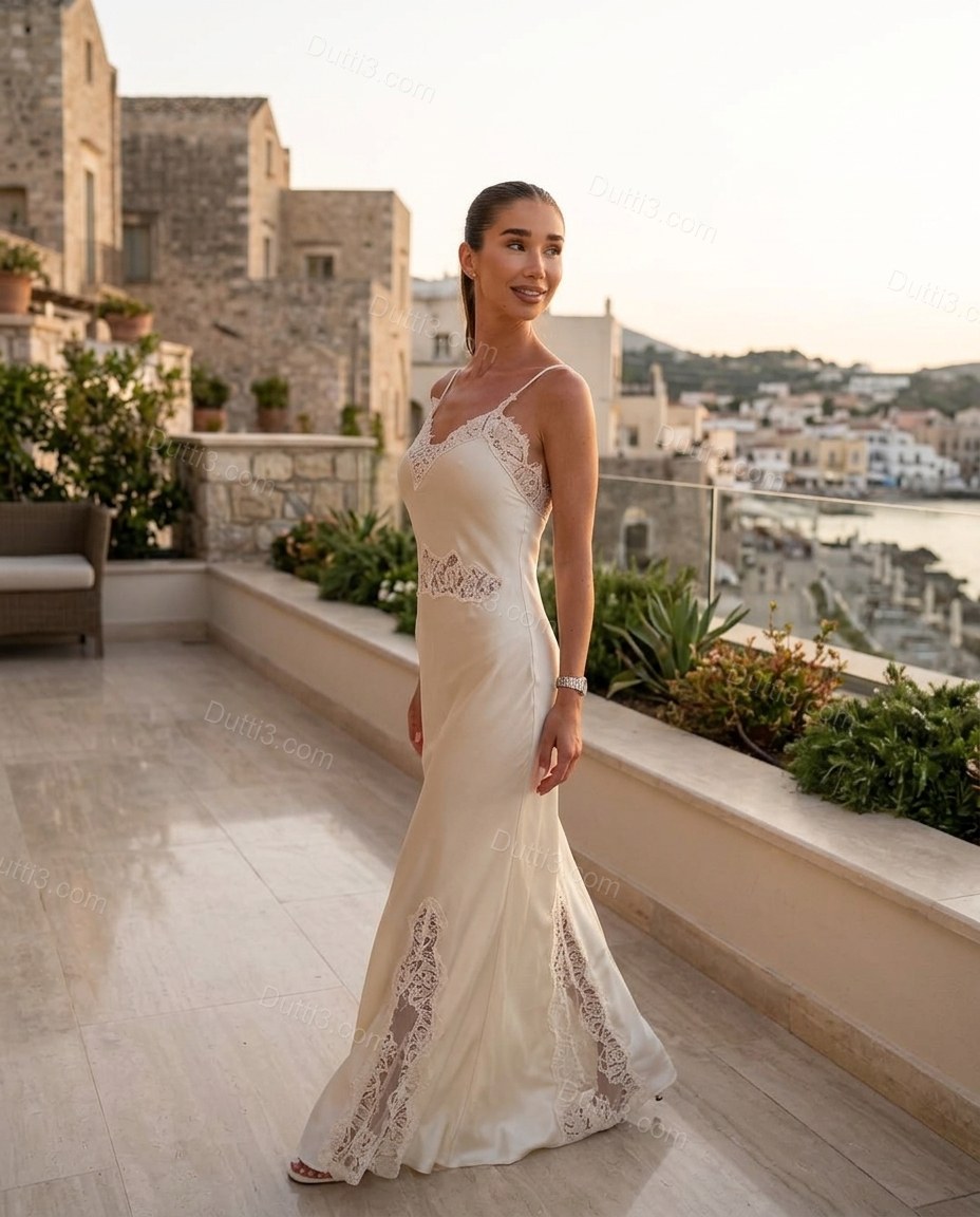 Off-white Maxi Satin Lace Dress, alternate use-case lifestyle view, by Dutti3