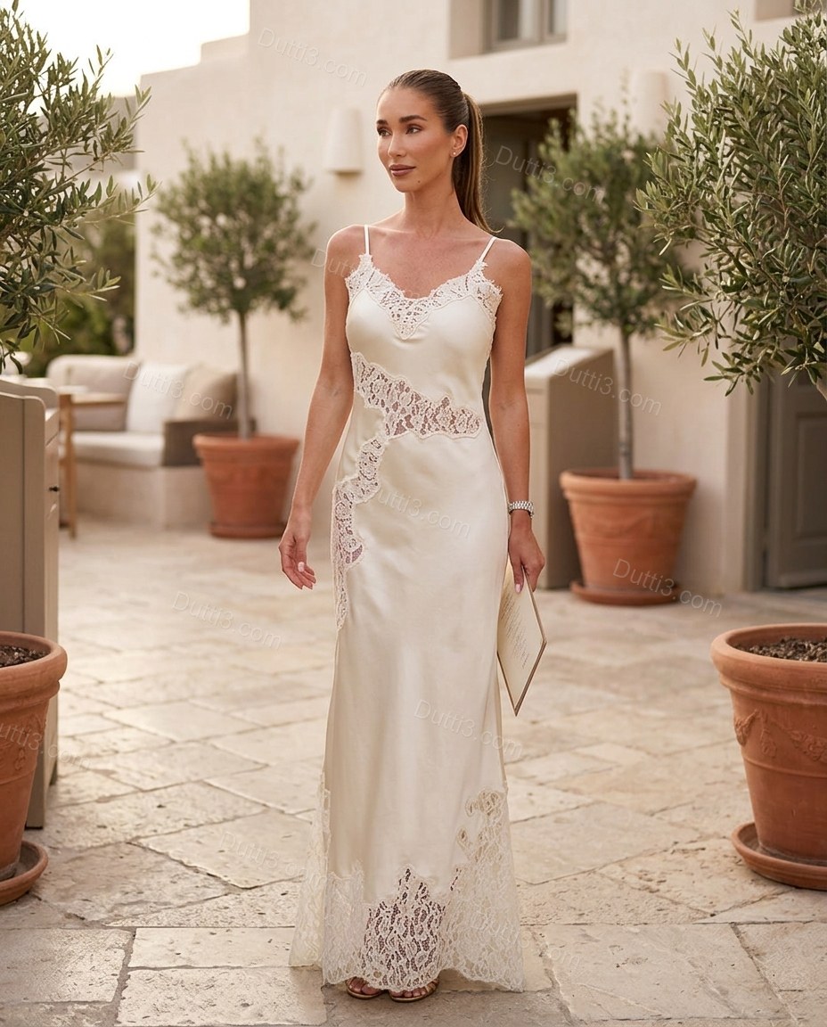 Off-white Maxi Satin Lace Dress, three-quarter brand lifestyle view, by Dutti3